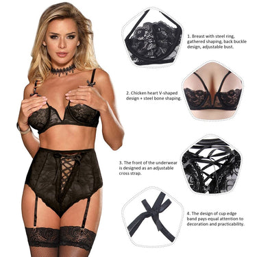 a woman wearing a black lingerie and garter